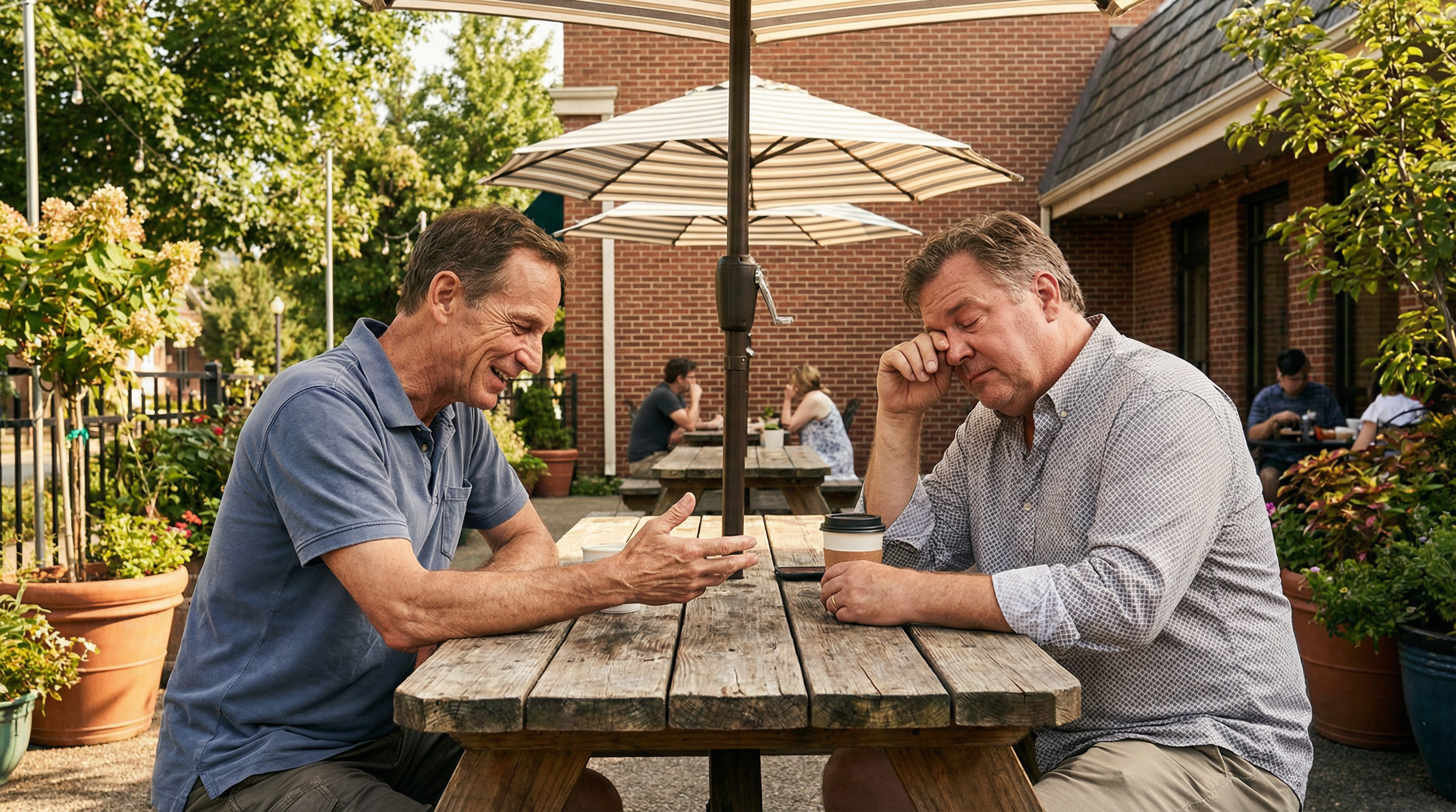 Two friends catching up over coffee